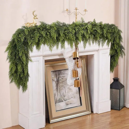 Real touch cedar garland draped on a mantel