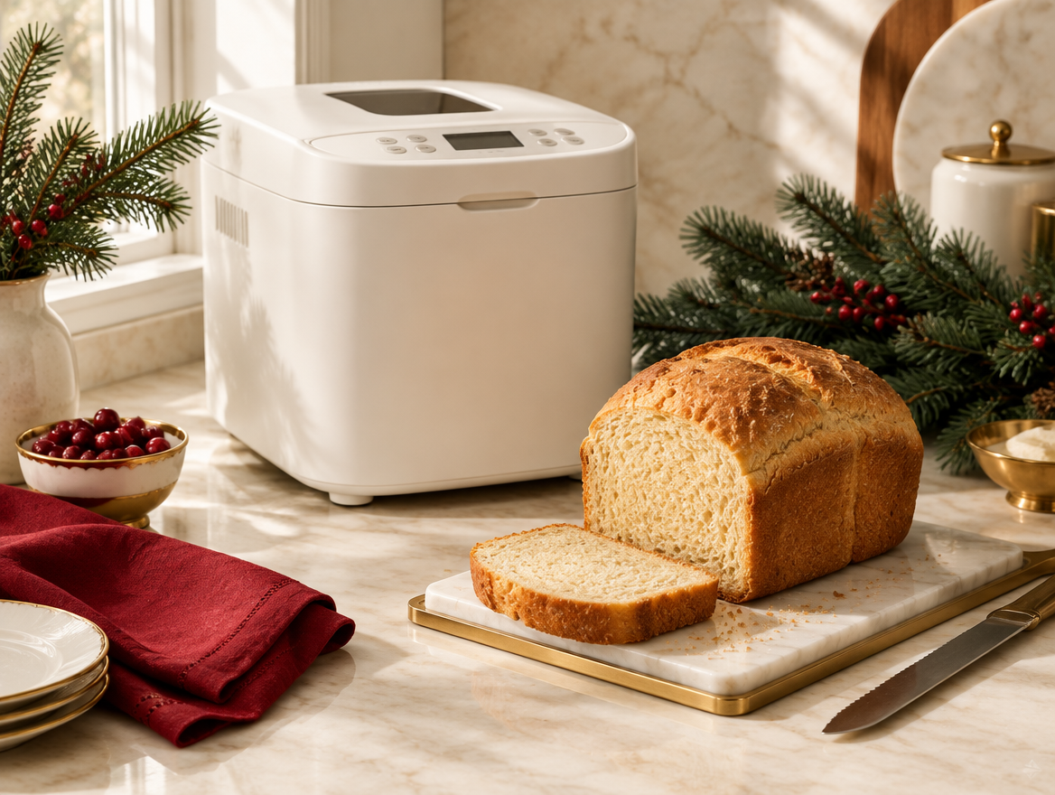 Bread maker on a cream kitchen counter with holiday styling