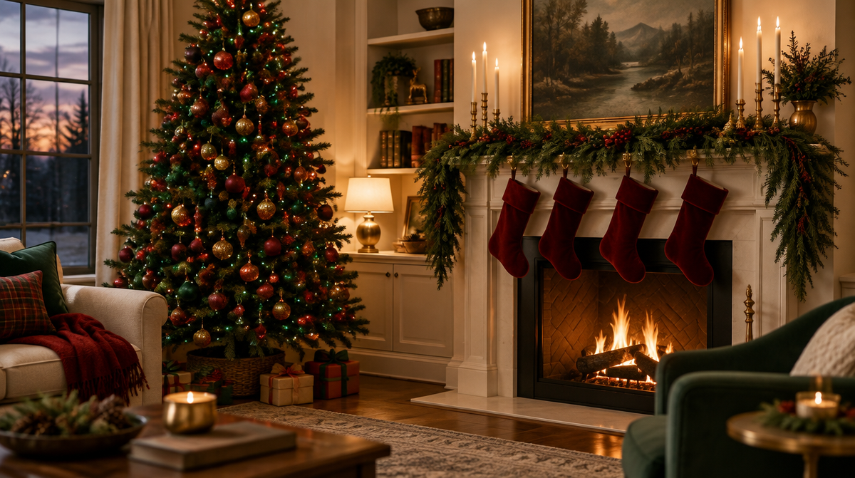 Lit Christmas tree in a cozy living room at dusk