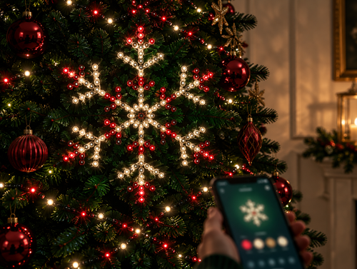 Christmas tree covered in smart animated LED lights forming a snowflake pattern