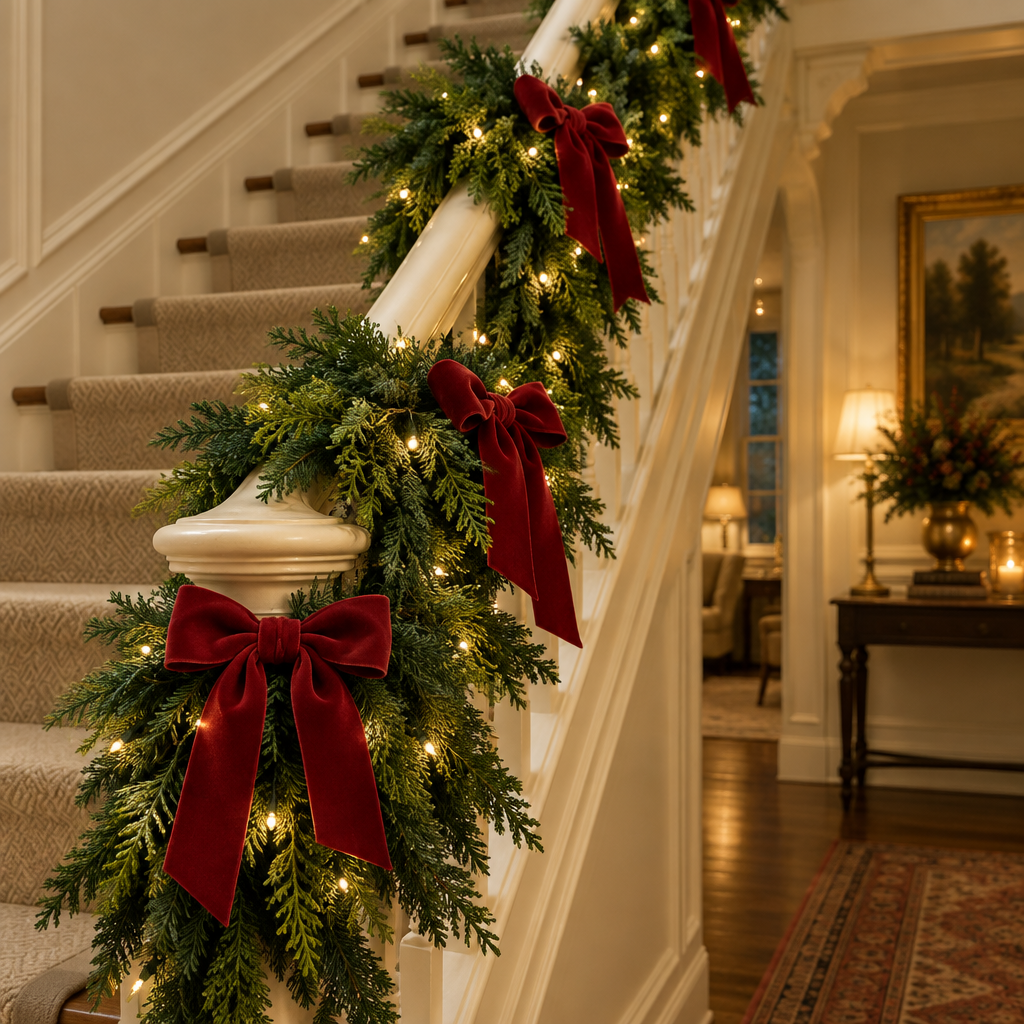 Cedar garland spiralling down a staircase banister with fairy lights