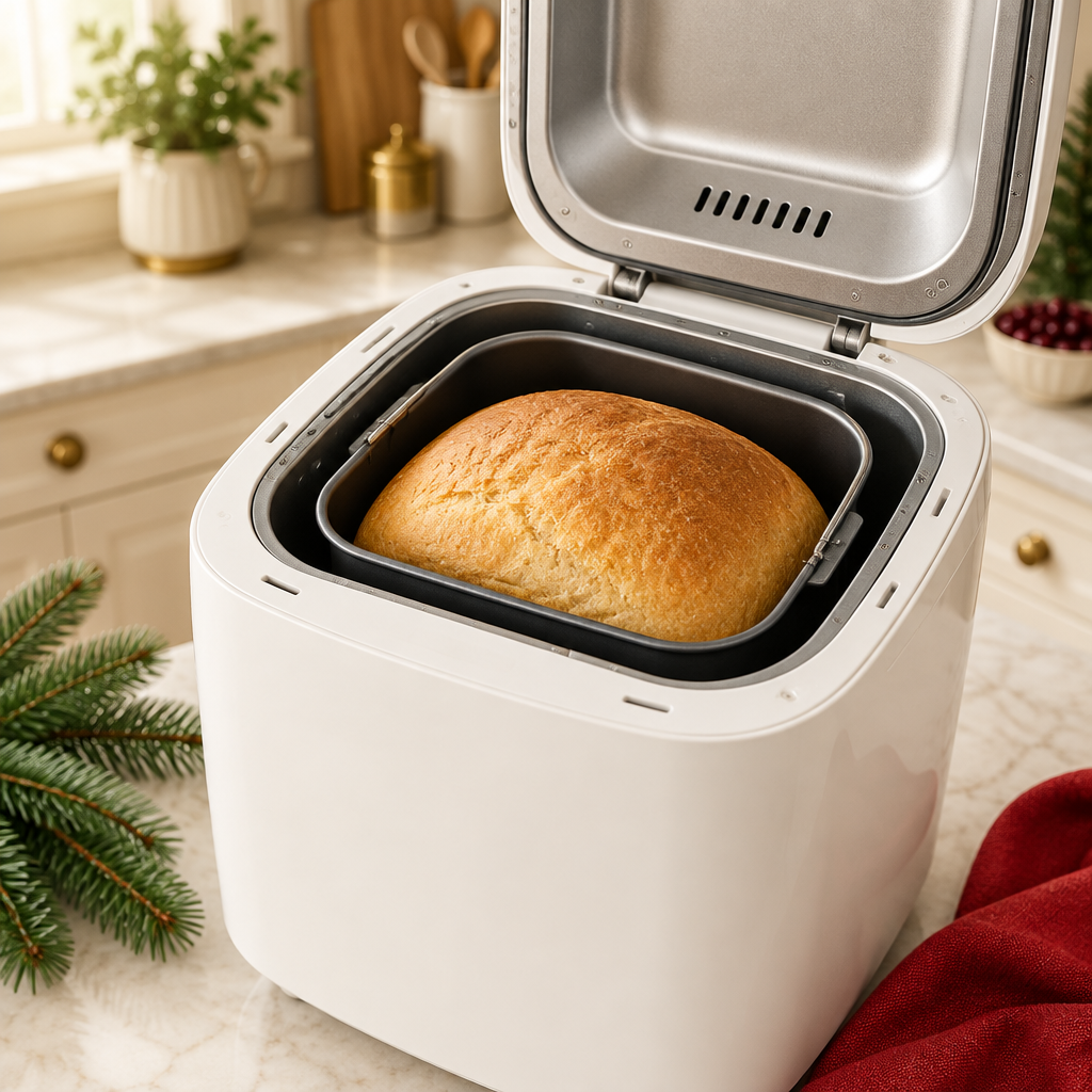 Bread maker with lid open showing a finished loaf in the pan