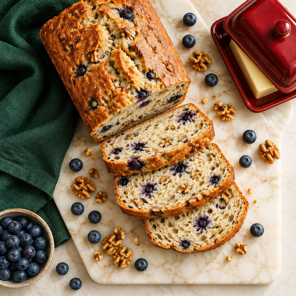 Sliced homemade loaf with blueberries and walnuts