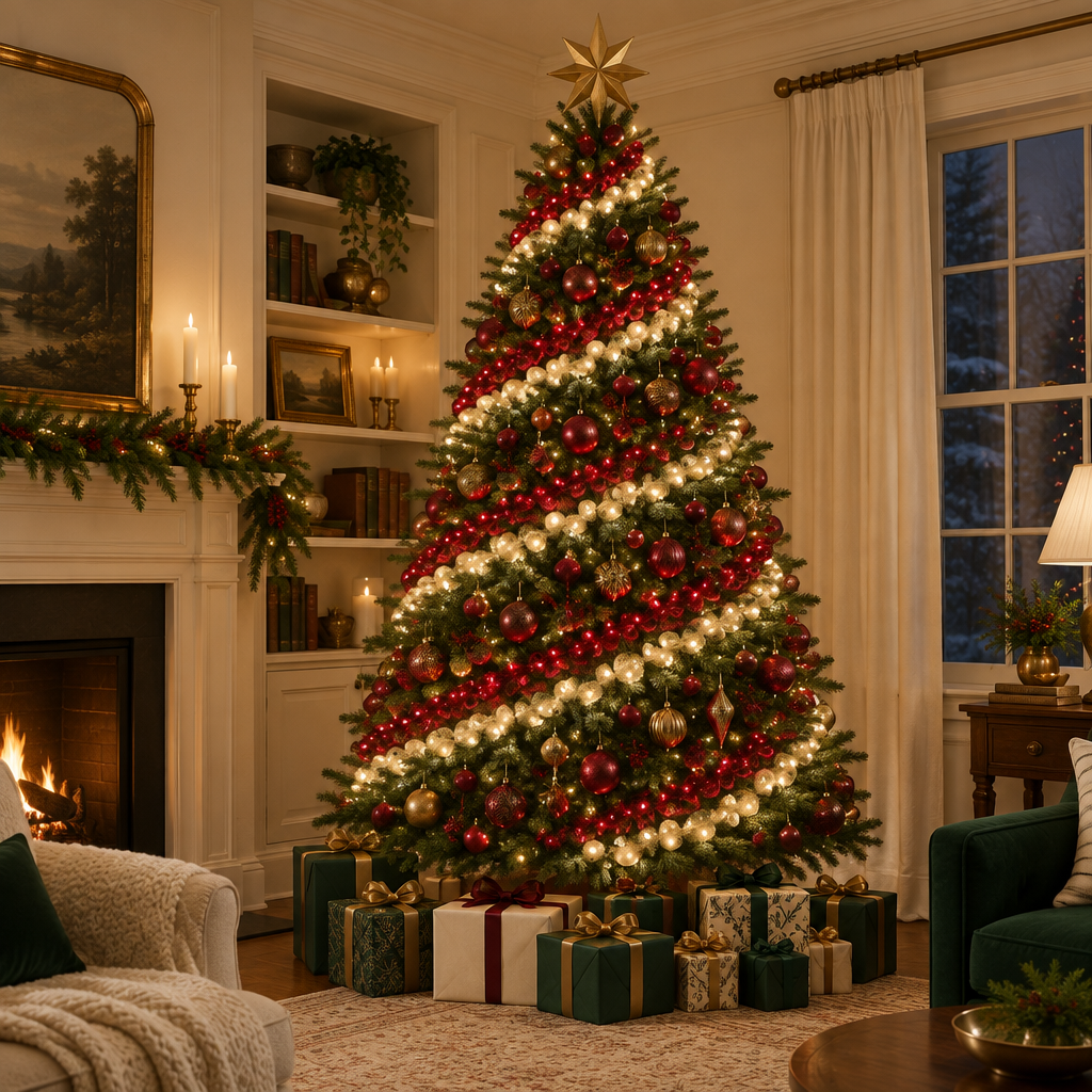 Christmas tree lit in a red and white candy cane spiral pattern